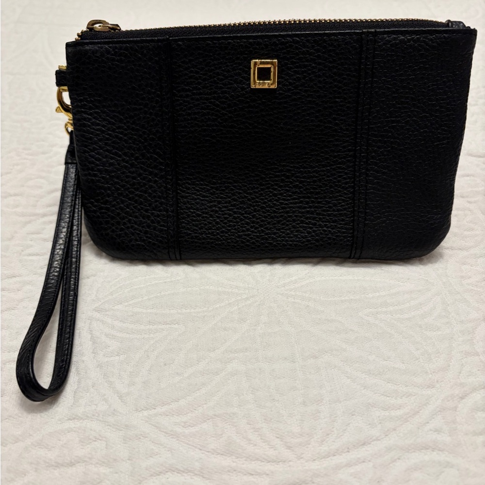 Lodis Black Pebbled Leather Wristlet Clutch with Gold Accent